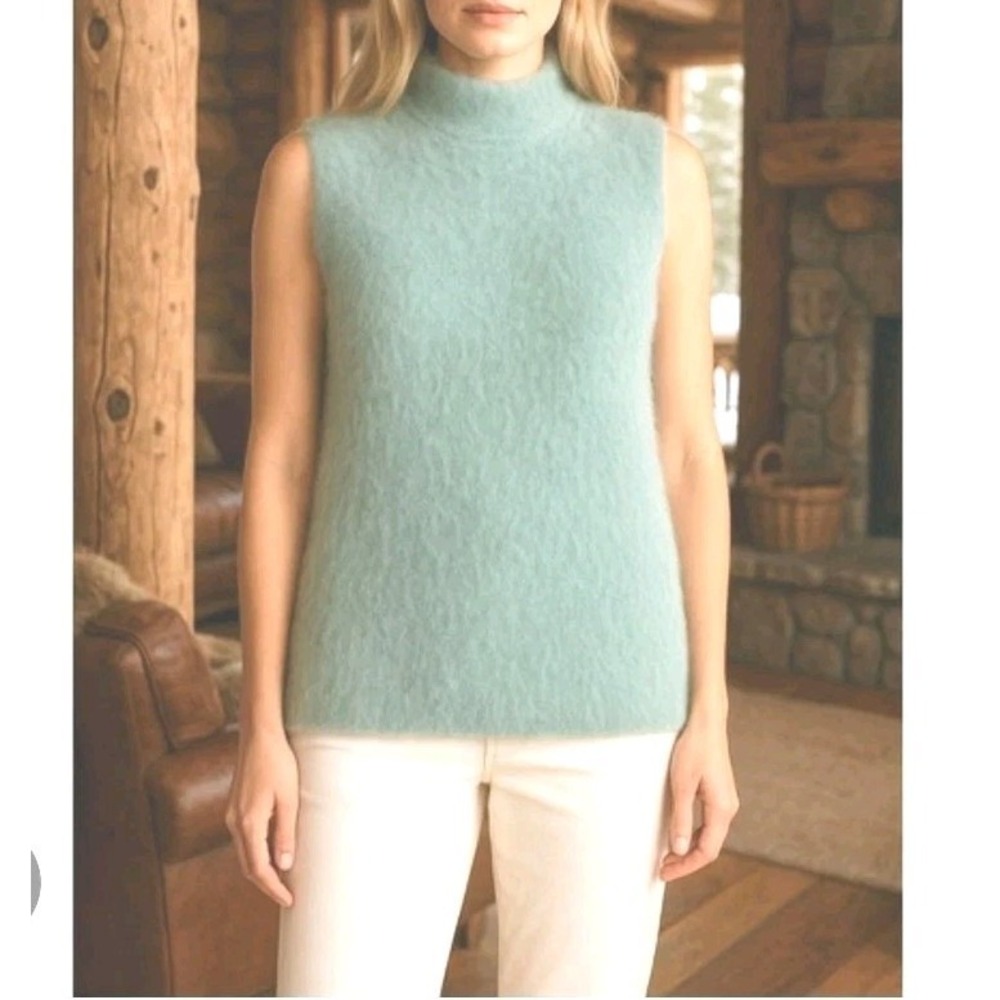 Anthropologie Bailey 44‎ Fuzzy Vest Women S Green Sage Mock Neck Stretch Boxy